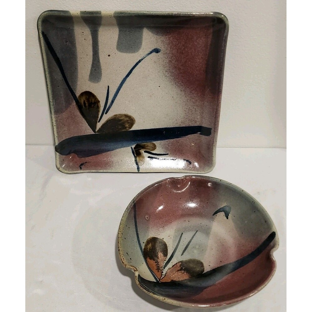 Vintage John Freimarck Studio Pottery Signed 10" Square Plate & Matching 8" Bowl